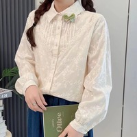 Sweet and fresh lapel embroidered pleated versatile loose long-sleeved blouses - Thumbnail 2