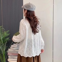 Sweet and fresh lapel embroidered pleated versatile loose long-sleeved blouses - Thumbnail 3