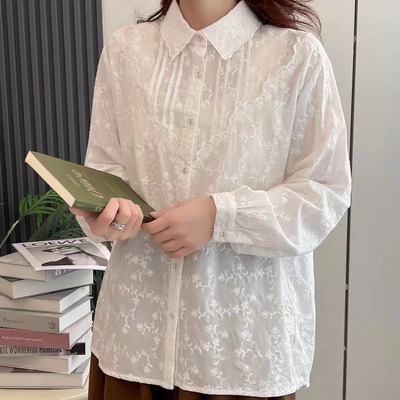 Sweet and fresh lapel embroidered pleated versatile loose long-sleeved blouses