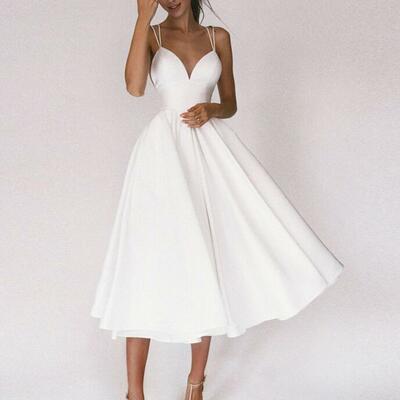 A line straps criss cross v neck satin bridal dresses  - Thumbnail 1