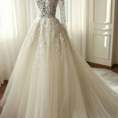 Elegant long sleeve ivory lace applique wedding dresses - Thumbnail 2
