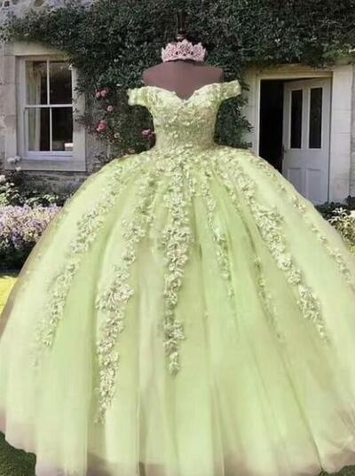 Off Shoulder Light Green Lace Applique Prom Dresses, Pageant Dresses For Women