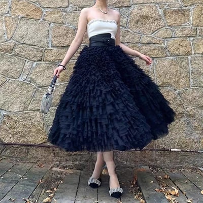Women black tiered tulle skirt outfit ruffles black layered tulle skirts plus size maxi tutu party outfit - Thumbnail 2