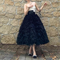 Women Black Tiered Tulle Skirt Outfit Ruffles Black Layered Tulle Skirts Plus Size Maxi Tutu Party Outfit - Thumbnail 6