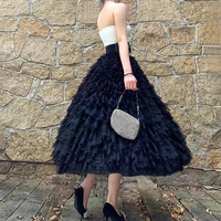 Women Black Tiered Tulle Skirt Outfit Ruffles Black Layered Tulle Skirts Plus Size Maxi Tutu Party Outfit - Thumbnail 7