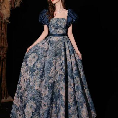 Texture princess oil painting style blue evening dresses - Thumbnail 1