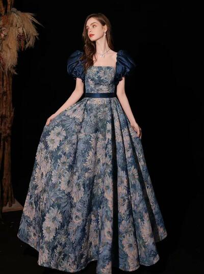 Texture Princess Oil Painting Style Blue Evening Dresses