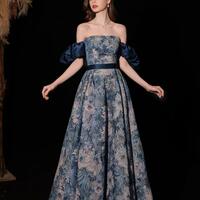 Texture Princess Oil Painting Style Blue Evening Dresses - Thumbnail 1