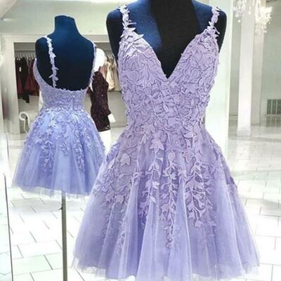 Lilac short lace applique prom dress - Thumbnail 2