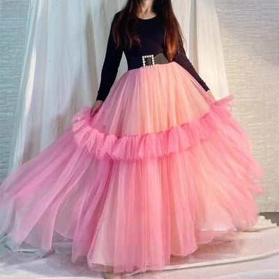 Women light pink tulle maxi skirt outfit puffy layered tulle skirts plus size holiday skirt outfit - Thumbnail 1