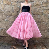 Women PINK Party Skirts Pink Polka Dot Party Skirt Glossy Satin Skirt Plus Size Holiday Skirt Outfit - Thumbnail 1