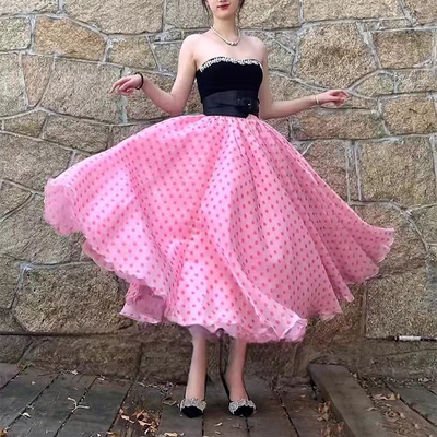 Women pink party skirts pink polka dot party skirt glossy satin skirt plus size holiday skirt outfit - Thumbnail 1