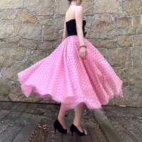 Women PINK Party Skirts Pink Polka Dot Party Skirt Glossy Satin Skirt Plus Size Holiday Skirt Outfit - Thumbnail 2