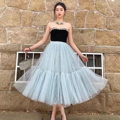 Women light blue tiered tulle skirts women's layered tulle skirt princess tulle skirt wedding party outfit plus size - Thumbnail 1