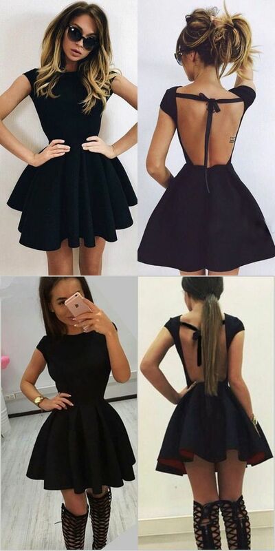 Black Satin Backless Homecoming Dress, Short Sleeveless Prom Dress, Simple Party Dress,1664