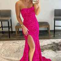 WD0245,Strapless Sequins Royal Blue Prom Dresses With Side Slit - Thumbnail 6