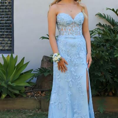Wd0510, sky blue sweetheart applique lace prom dresses with slit