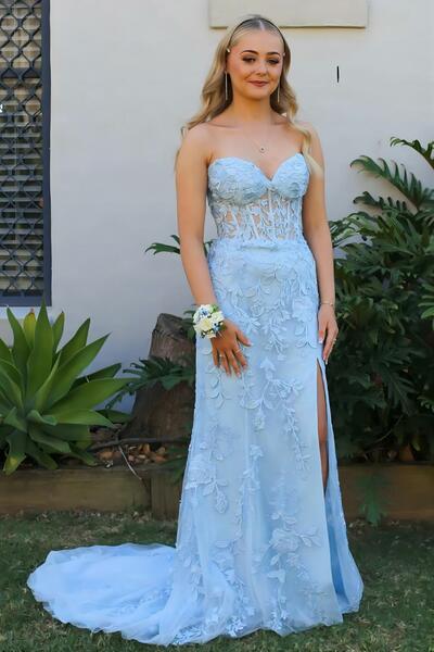 WD0510, Sky Blue Sweetheart Applique Lace Prom Dresses With Slit