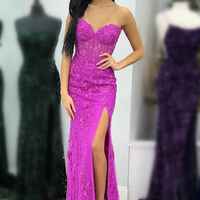 WD0510, Sky Blue Sweetheart Applique Lace Prom Dresses With Slit - Thumbnail 1