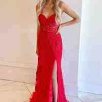 WD0510, Sky Blue Sweetheart Applique Lace Prom Dresses With Slit - Thumbnail 3