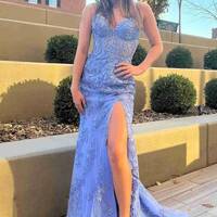 WD0510, Sky Blue Sweetheart Applique Lace Prom Dresses With Slit - Thumbnail 2