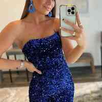 WD0245,Strapless Sequins Royal Blue Prom Dresses With Side Slit - Thumbnail 1