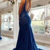 WD0775, V-Neck Mermaid Sequins Long Prom Dresses, Backless Evening Dress - Thumbnail 1