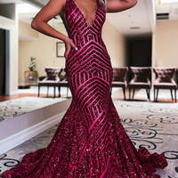 WD0775, V-Neck Mermaid Sequins Long Prom Dresses, Backless Evening Dress - Thumbnail 6