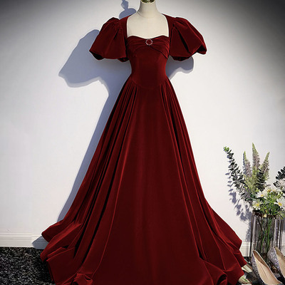 Burgundy velvet long prom dress evening dress,1665