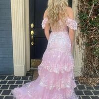 WD0186,Off The Shoulder Pink Ruffles Long Prom Dresses With Slit - Thumbnail 3