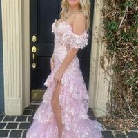 WD0186,Off The Shoulder Pink Ruffles Long Prom Dresses With Slit - Thumbnail 1