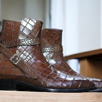 Men's Bespoke Jodhpurs Alligator Brown Ankle High Boot, Luxury Boot - Thumbnail 1