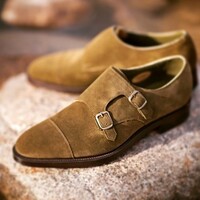 Handmade leather double monk brown suede original leather dress shoes for men custom made on orders - Thumbnail 1