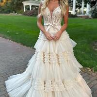 Princess A Line Off the Shoulder Light Pink Long Prom Dress with Ruffles - Thumbnail 5