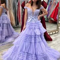 Princess A Line Off the Shoulder Light Pink Long Prom Dress with Ruffles - Thumbnail 7