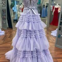 Princess A Line Off the Shoulder Light Pink Long Prom Dress with Ruffles - Thumbnail 8