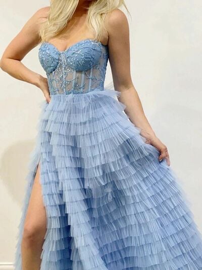 Spaghetti Straps Baby Blue Ruffles Long Prom Dresses With Slit
