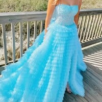 Spaghetti Straps Baby Blue Ruffles Long Prom Dresses With Slit - Thumbnail 2