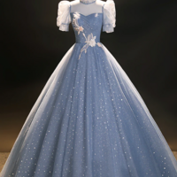 Blue Tulle Floor Length Prom Dress, A Line Short Sleeve Evening Dress KPP1631 - Thumbnail 1