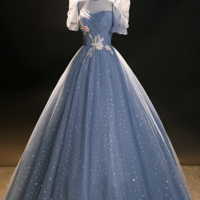 Blue Tulle Floor Length Prom Dress, A Line Short Sleeve Evening Dress KPP1631 - Thumbnail 2