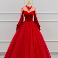 Red Velvet and Tulle Floor Length Prom Dress, Long Sleeve Beautiful A Line Party Dress KPP1632 - Thumbnail 1