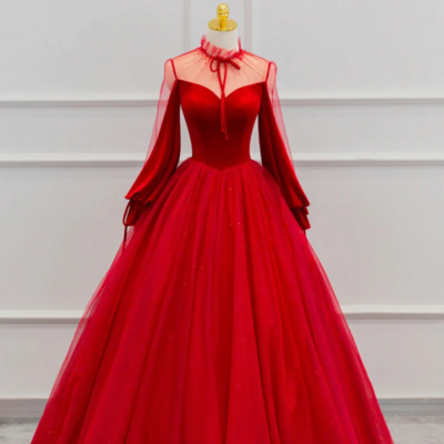 Red velvet and tulle floor length prom dress, long sleeve beautiful a line party dress kpp1632