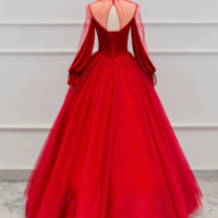 Red Velvet and Tulle Floor Length Prom Dress, Long Sleeve Beautiful A Line Party Dress KPP1632 - Thumbnail 2