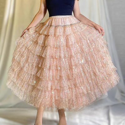 Baby pink sequin tulle skirt outfit women's sparkly layered tulle skirts holiday custom plus size princess skirt - Thumbnail 1