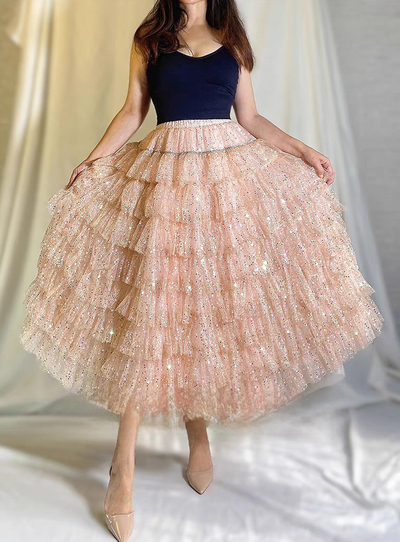 BABY PINK Sequin Tulle Skirt Outfit Women's Sparkly Layered Tulle Skirts Holiday Custom Plus Size Princess Skirt