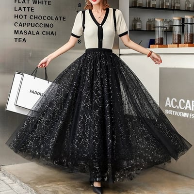 Black sequin tulle skirt holiday outfit women's black sparkly skirts black maxi tulle skirt custom plus size tulle skirt - Thumbnail 3