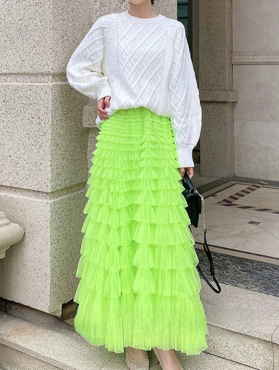 NEON Green Tulle Skirt Outfit Floor Length Tiered Tulle Skirt Plus Size Layered  Maxi Skirt Neon Green Holiday Maxi Tulle Skirts