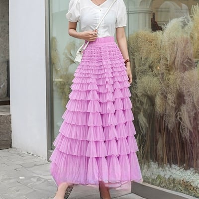 Fuchsia long tulle skirt outfit women tiered maxi skirt plus size layered maxi skirt wedding party maxi tulle skirts - Thumbnail 1