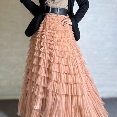 Women pink nude tulle maxi skirt outfit tiered maxi tulle skirts custom plus size layered maxi skirt prom maxi skirt - Thumbnail 2