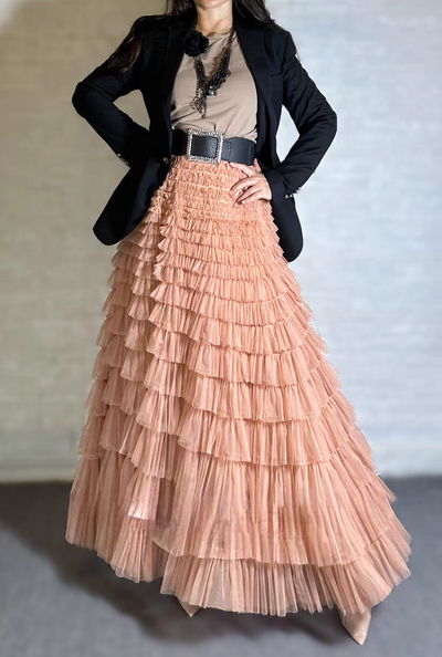 Women Pink Nude Tulle Maxi Skirt Outfit Tiered Maxi Tulle Skirts Custom Plus Size Layered Maxi Skirt Prom Maxi Skirt